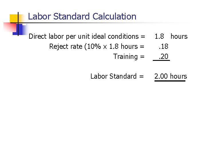 Labor Standard Calculation Direct labor per unit ideal conditions = Reject rate (10% x