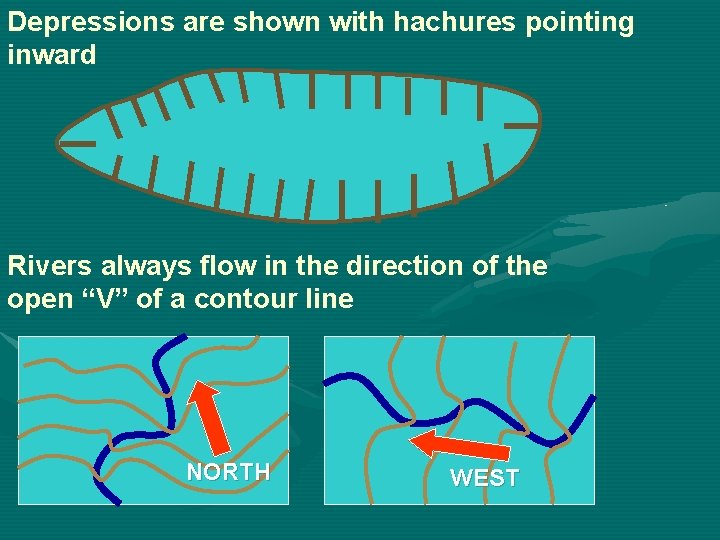 Depressions are shown with hachures pointing inward Rivers always flow in the direction of