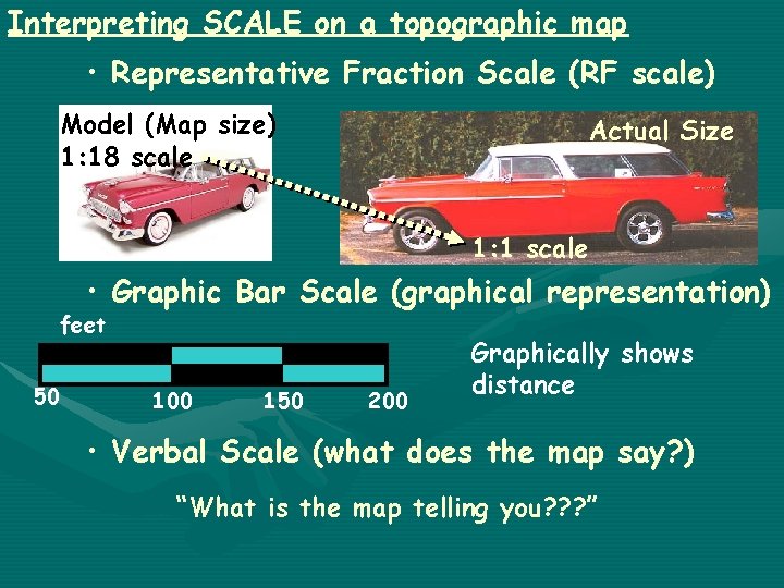 Interpreting SCALE on a topographic map • Representative Fraction Scale (RF scale) Model (Map