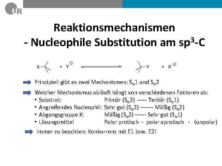 Reaktionsmechanismen - Nucleophile Substitution am sp 3 -C Prinzipiell gibt es zwei Mechanismen: SN