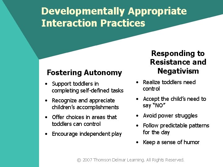 Developmentally Appropriate Interaction Practices Fostering Autonomy Responding to Resistance and Negativism • Support toddlers