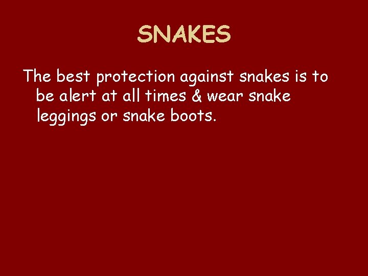 SNAKES The best protection against snakes is to be alert at all times &