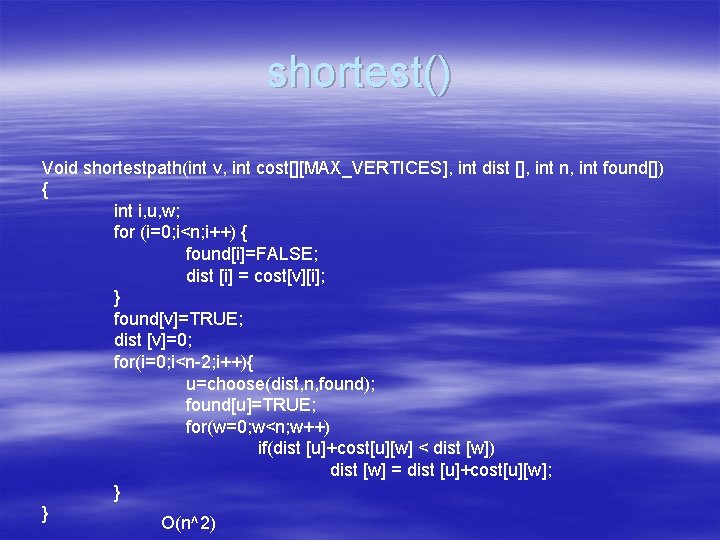 shortest() Void shortestpath(int v, int cost[][MAX_VERTICES], int dist [], int n, int found[]) {