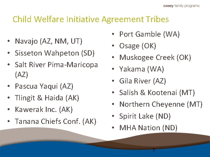 Child Welfare Initiative Agreement Tribes • Navajo (AZ, NM, UT) • Sisseton Wahpeton (SD)
