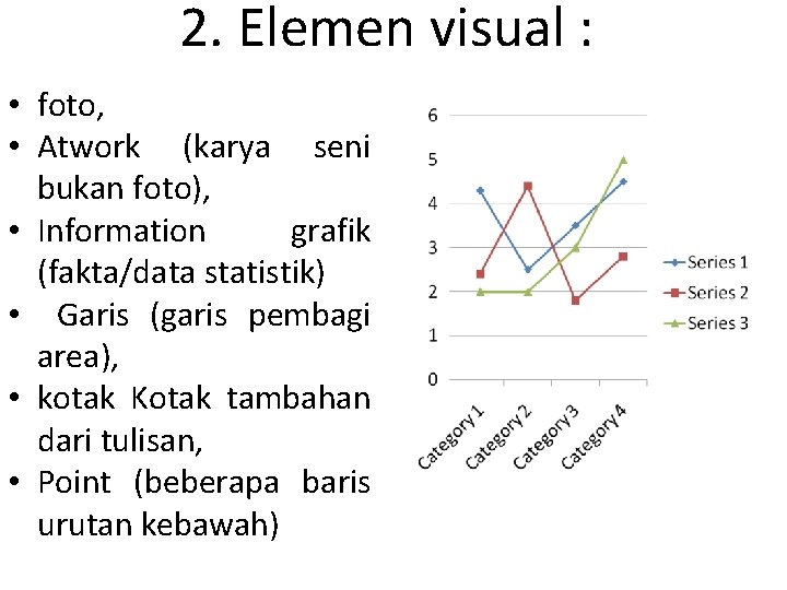 2. Elemen visual : • foto, • Atwork (karya seni bukan foto), • Information