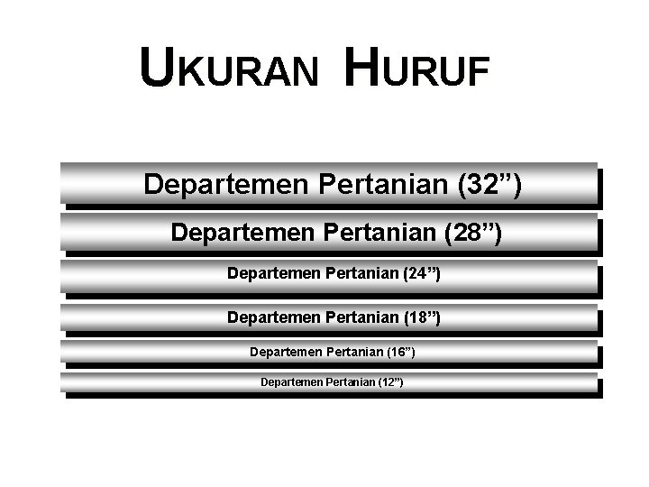 UKURAN HURUF Departemen Pertanian (32”) Departemen Pertanian (28”) Departemen Pertanian (24”) Departemen Pertanian (18”)