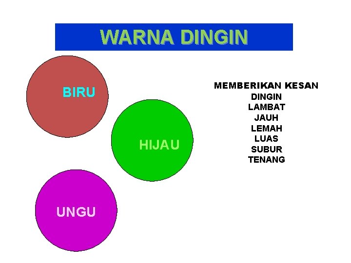 WARNA DINGIN BIRU HIJAU UNGU MEMBERIKAN KESAN DINGIN LAMBAT JAUH LEMAH LUAS SUBUR TENANG