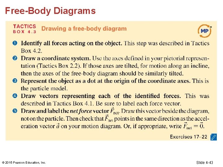Free-Body Diagrams Text: p. 112 © 2015 Pearson Education, Inc. Slide 4 -43 Free-Body Diagrams Text: p. 112 © 2015 Pearson Education, Inc. Slide 4 -43