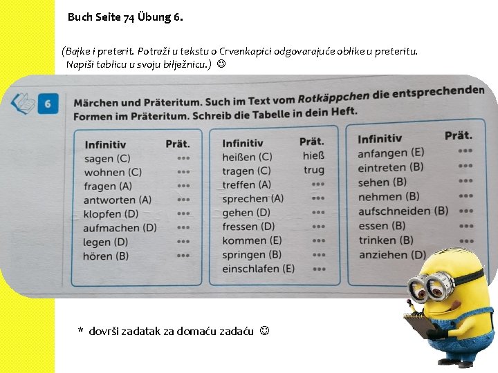 Buch Seite 74 Übung 6. (Bajke i preterit. Potraži u tekstu o Crvenkapici odgovarajuće