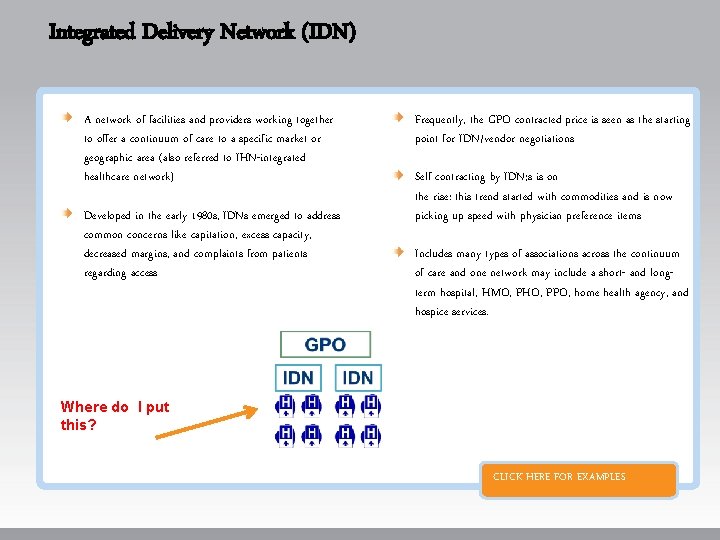 Integrated Delivery Network (IDN) A network of facilities and providers working together to offer