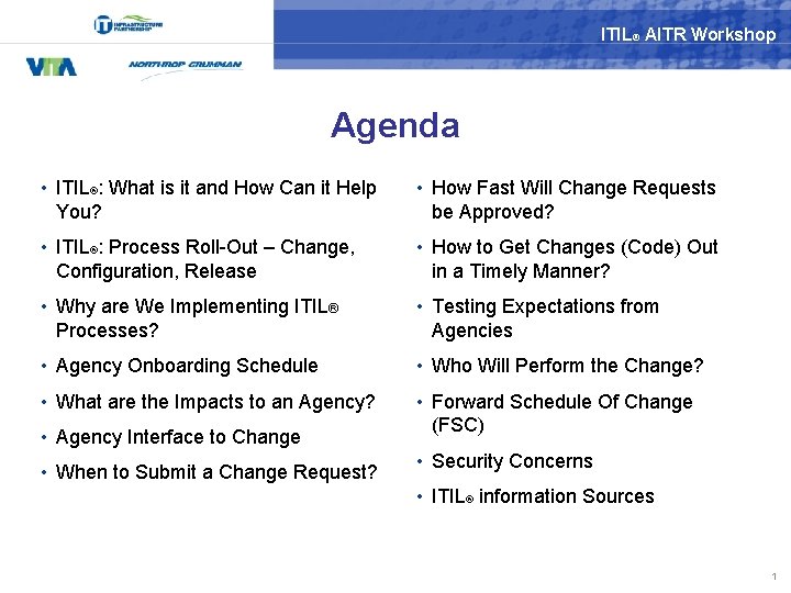 ITIL® AITR Workshop Agenda • ITIL®: What is it and How Can it Help