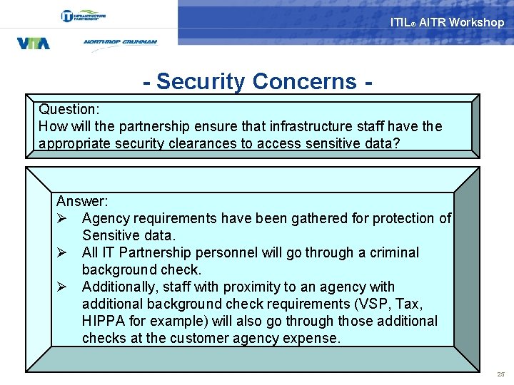 ITIL® AITR Workshop - Security Concerns Question: How will the partnership ensure that infrastructure