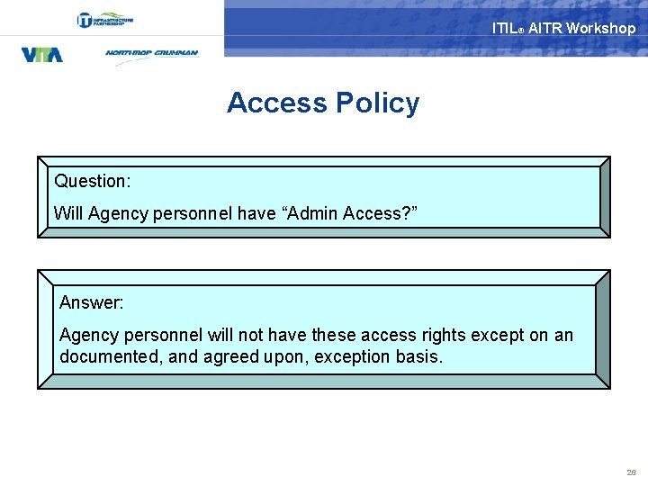 ITIL® AITR Workshop Access Policy Question: Will Agency personnel have “Admin Access? ” Answer: