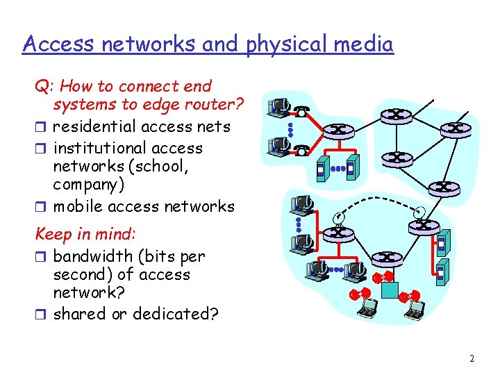 Access networks and physical media Q: How to connect end systems to edge router? Access networks and physical media Q: How to connect end systems to edge router?