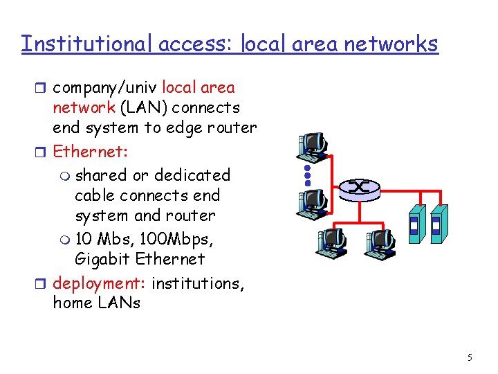 Institutional access: local area networks r company/univ local area network (LAN) connects end system