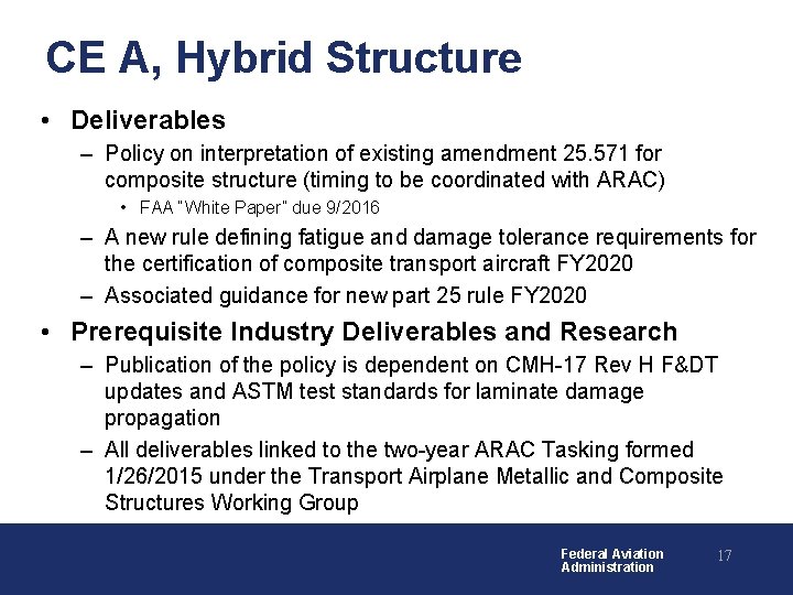 CE A, Hybrid Structure • Deliverables – Policy on interpretation of existing amendment 25.