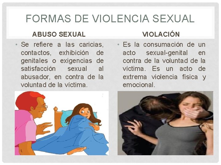 FORMAS DE VIOLENCIA SEXUAL ABUSO SEXUAL VIOLACIÓN • Se refiere a las caricias, contactos, FORMAS DE VIOLENCIA SEXUAL ABUSO SEXUAL VIOLACIÓN • Se refiere a las caricias, contactos,