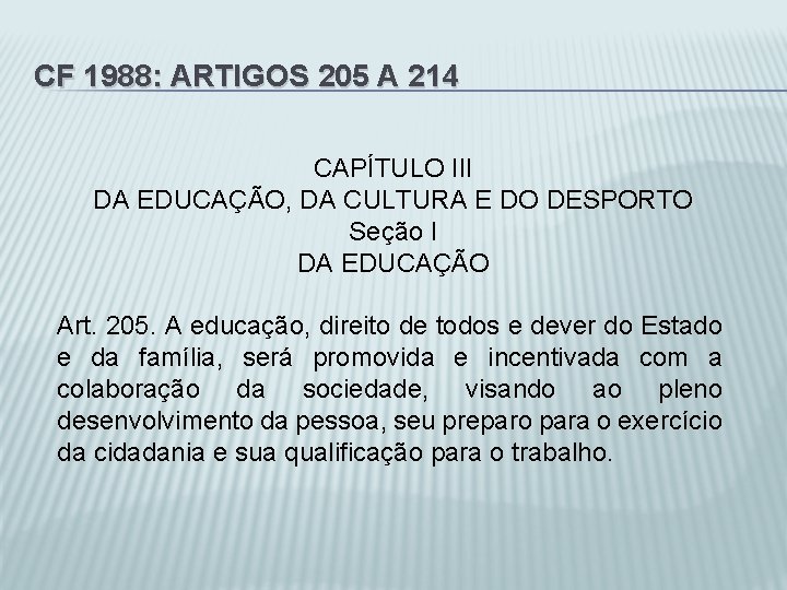 CF 1988: ARTIGOS 205 A 214 CAPÍTULO III DA EDUCAÇÃO, DA CULTURA E DO