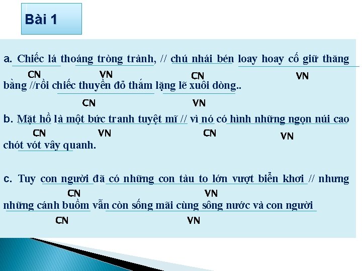 Bài 1 a. Chiếc lá thoáng tròng trành, // chú nhái bén loay hoay