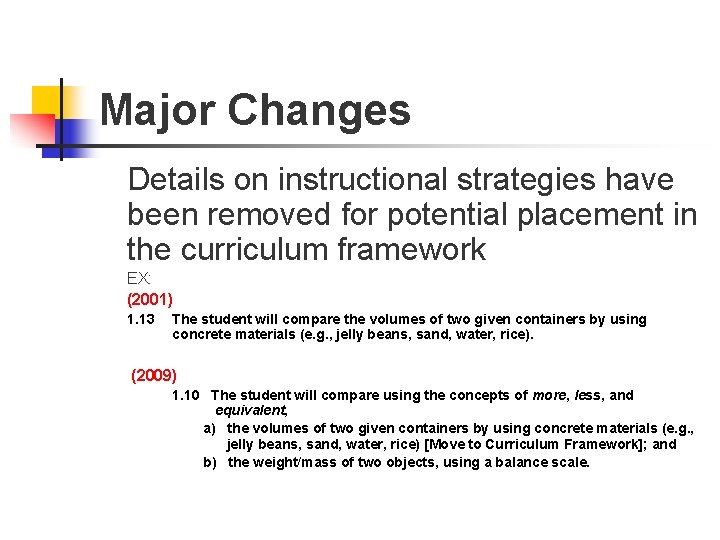 Major Changes Details on instructional strategies have been removed for potential placement in the