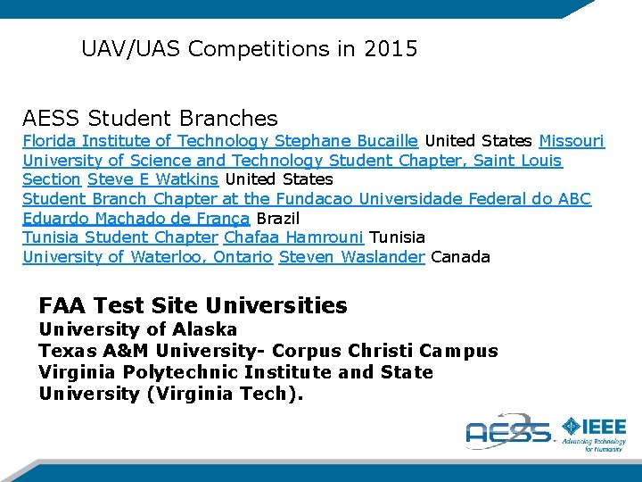 UAV/UAS Competitions in 2015 AESS Student Branches Florida Institute of Technology Stephane Bucaille United