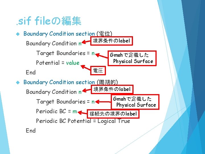 . sif fileの編集 Boundary Condition section (電位) Boundary Condition n 境界条件のlabel Target Boundaries =