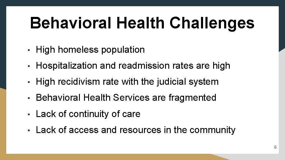 Behavioral Health Challenges • High homeless population • Hospitalization and readmission rates are high