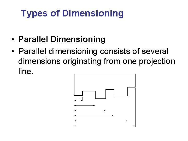 Types of Dimensioning • Parallel dimensioning consists of several dimensions originating from one projection
