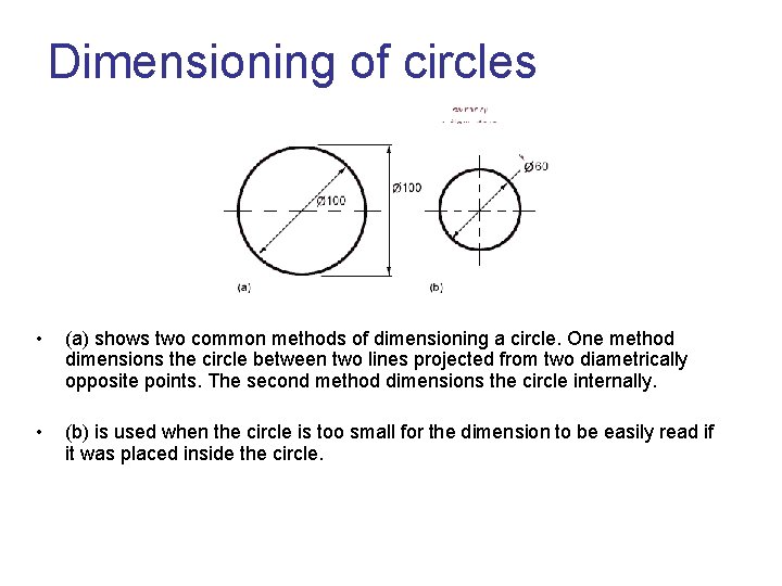 Dimensioning of circles • (a) shows two common methods of dimensioning a circle. One