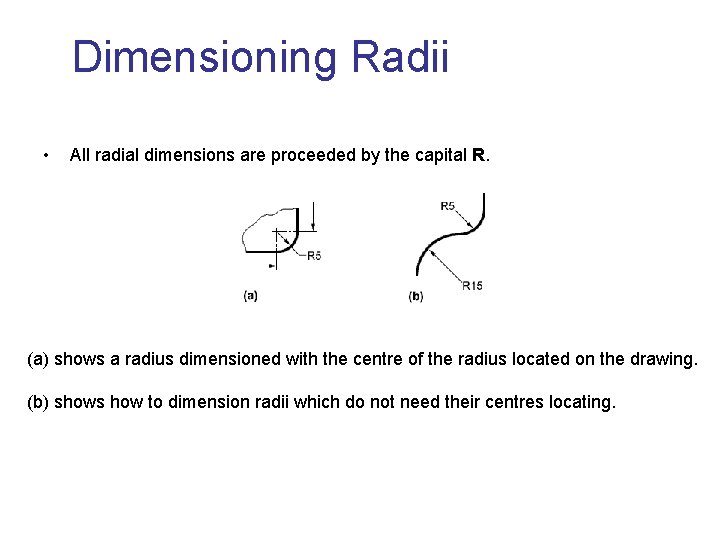 Dimensioning Radii • All radial dimensions are proceeded by the capital R. (a) shows