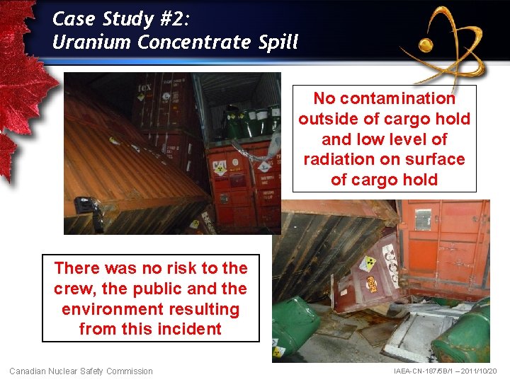 Case Study #2: Uranium Concentrate Spill No contamination outside of cargo hold and low