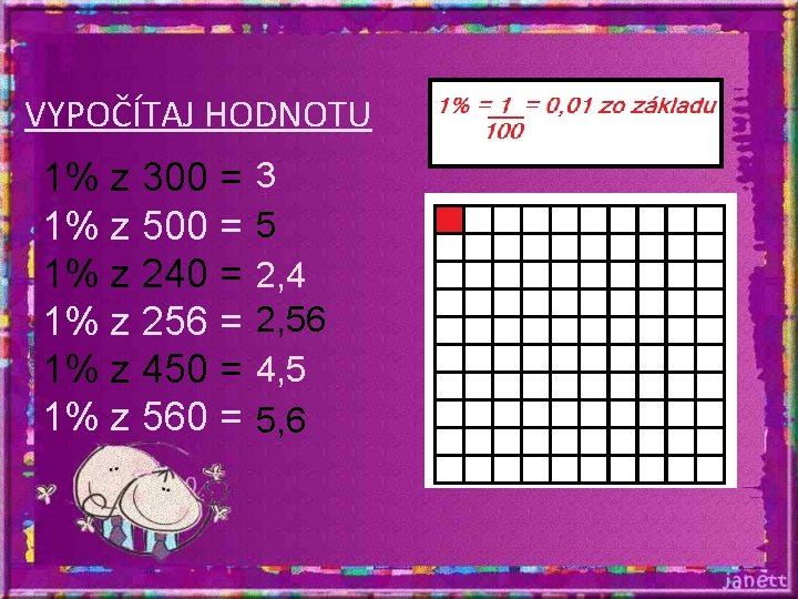 VYPOČÍTAJ HODNOTU 1% z 300 = 1% z 500 = 1% z 240 = VYPOČÍTAJ HODNOTU 1% z 300 = 1% z 500 = 1% z 240 =