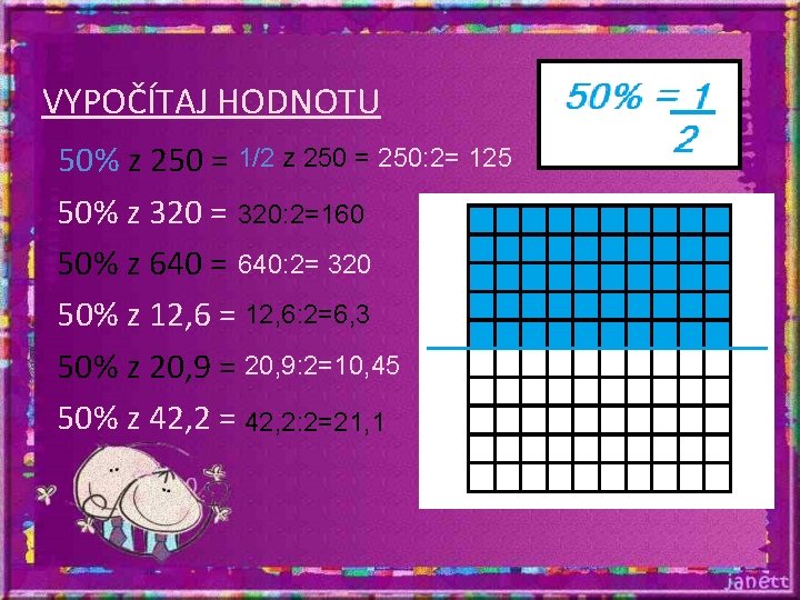 VYPOČÍTAJ HODNOTU 50% z 250 = 1/2 z 250 = 250: 2= 125 50% VYPOČÍTAJ HODNOTU 50% z 250 = 1/2 z 250 = 250: 2= 125 50%