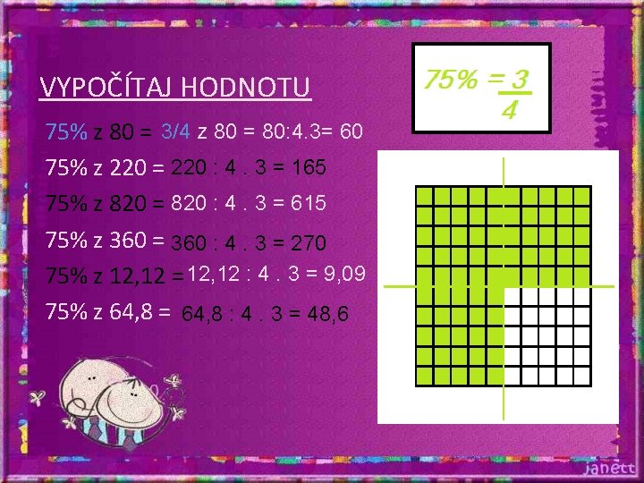 VYPOČÍTAJ HODNOTU 75% z 80 = 3/4 z 80 = 80: 4. 3= 60 VYPOČÍTAJ HODNOTU 75% z 80 = 3/4 z 80 = 80: 4. 3= 60