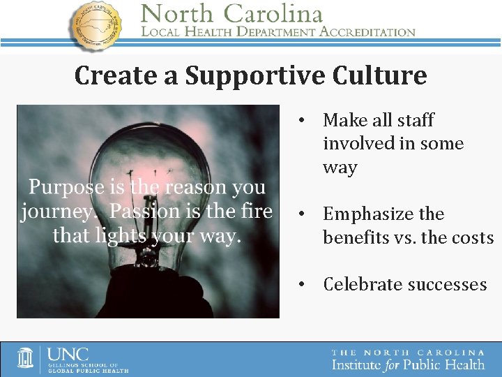 Create a Supportive Culture • Make all staff involved in some way • Emphasize
