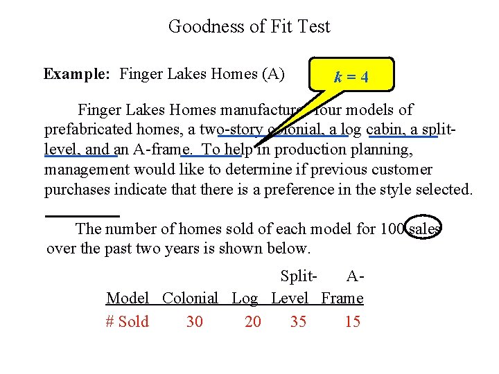 Goodness of Fit Test Example: Finger Lakes Homes (A) k=4 Finger Lakes Homes manufactures