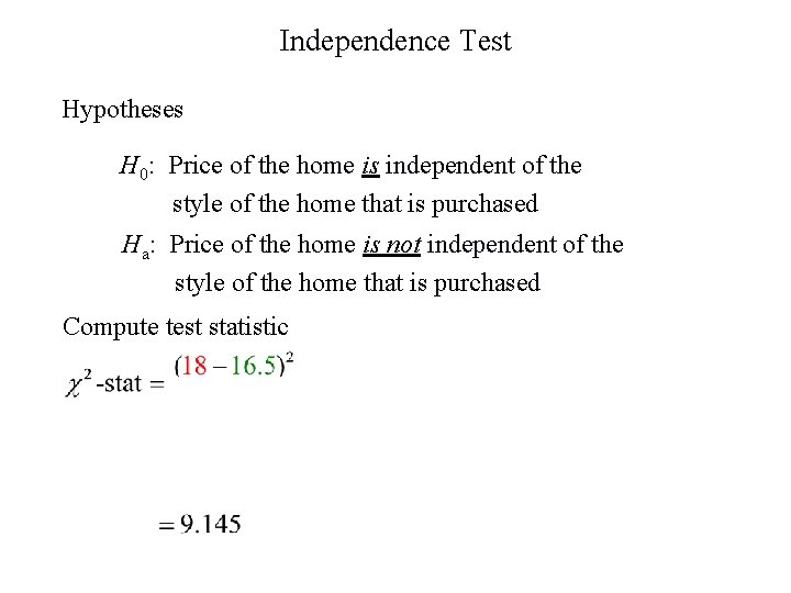 Independence Test Hypotheses H 0: Price of the home is independent of the style