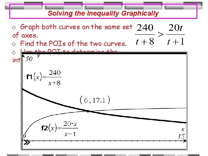 Solving the Inequality Graphically o Graph both curves on the same set of axes.