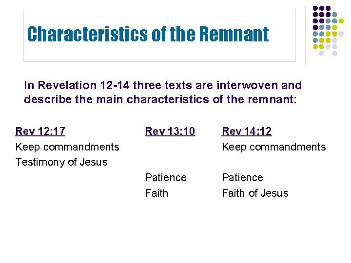 Characteristics of the Remnant In Revelation 12 -14 three texts are interwoven and describe Characteristics of the Remnant In Revelation 12 -14 three texts are interwoven and describe