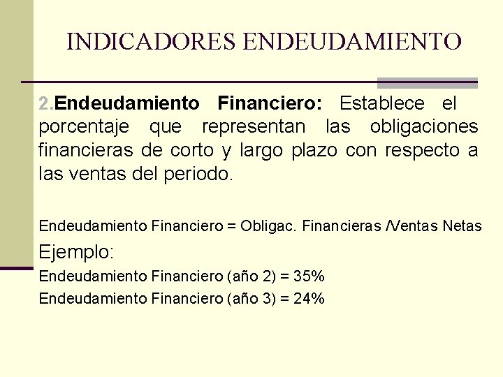 INDICADORES ENDEUDAMIENTO 2. Endeudamiento Financiero: Establece el porcentaje que representan las obligaciones financieras de