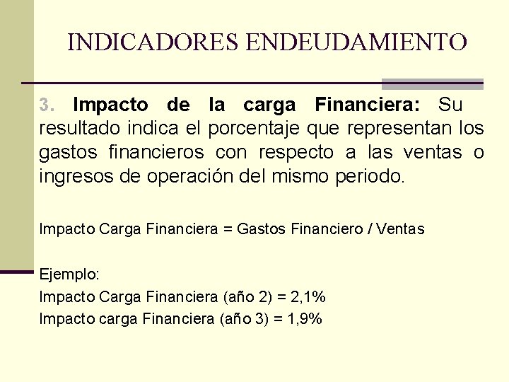 INDICADORES ENDEUDAMIENTO Impacto de la carga Financiera: Su resultado indica el porcentaje que representan