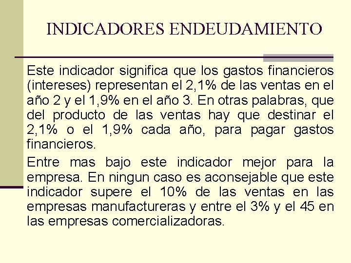 INDICADORES ENDEUDAMIENTO Este indicador significa que los gastos financieros (intereses) representan el 2, 1%
