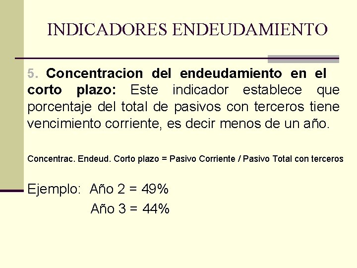 INDICADORES ENDEUDAMIENTO 5. Concentracion del endeudamiento en el corto plazo: Este indicador establece que