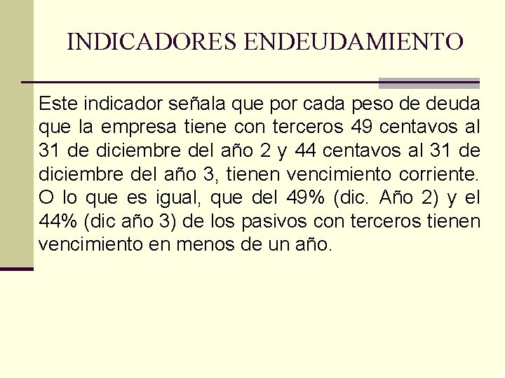 INDICADORES ENDEUDAMIENTO Este indicador señala que por cada peso de deuda que la empresa