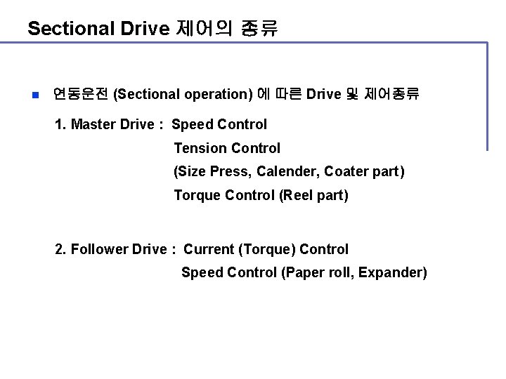 Sectional Drive 제어의 종류 n 연동운전 (Sectional operation) 에 따른 Drive 및 제어종류 1.