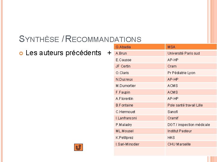 SYNTHÈSE / RECOMMANDATIONS Les auteurs précédents + G. Abadia MSA A. Brun Université Paris