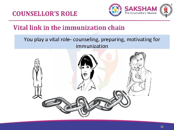 COUNSELLOR’S ROLE Vital link in the immunization chain You play a vital role- counseling,