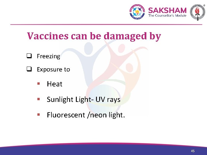 Vaccines can be damaged by q Freezing q Exposure to § Heat § Sunlight