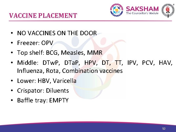 VACCINE PLACEMENT NO VACCINES ON THE DOOR Freezer: OPV Top shelf: BCG, Measles, MMR