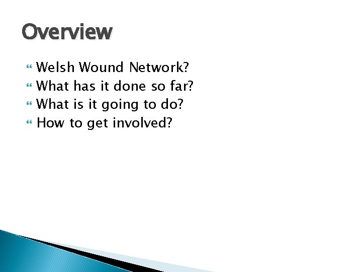 Overview Welsh Wound Network? What has it done so far? What is it going